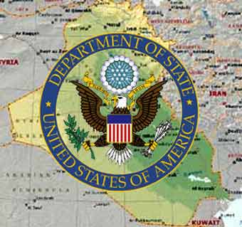 Эмблема Госдепартамента США на фоне карты Ирака (монтаж Eminsk)