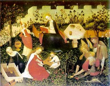 Неизвестный верхнерейнский художник. \"Райский сад\", ок. 1400. Франкфурт-на-Майне, Институт искусства. Дерево, темпера.