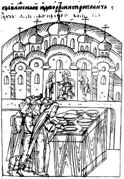 Миниатюра Лицевого летописного свода (Древний летописец. Л. 587, рис. 1175) с изображением установки в 1404 афонским монахом Лазарем Сербом "часоме"