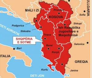 Карта *Великой Албании* в школьных учебниках Албании