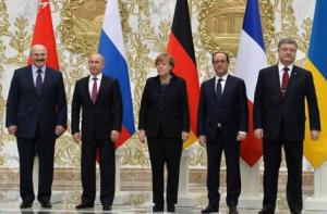 Александр Лукашенко, Владимир Путин, Ангела Меркель, Франсуа Олланд и Пётр Порошенко