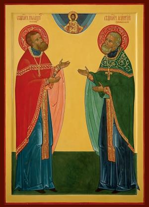 Священномученики Иоанн Честнов и Леонтий Гримальский. Икона церкви Успения Пресвятой Богородицы в Гжели.