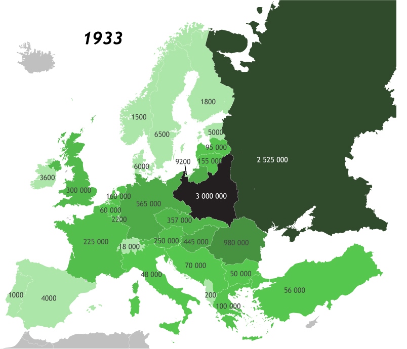 Количество евреев в странах Европы в 1933 году