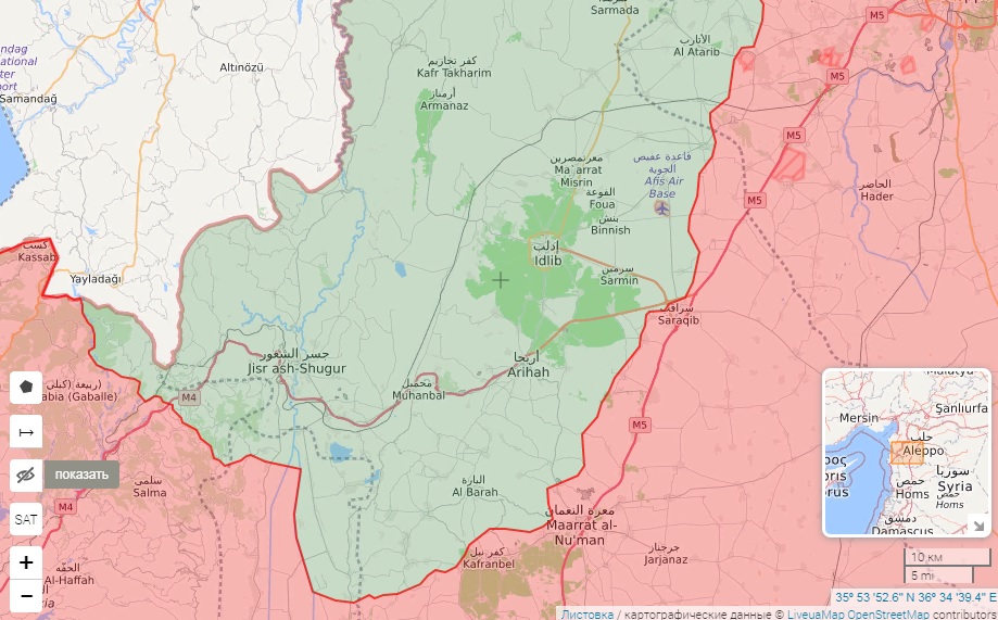 Карта Идлиба – территории, занятые сирийской армией и протурецкими исламистами
