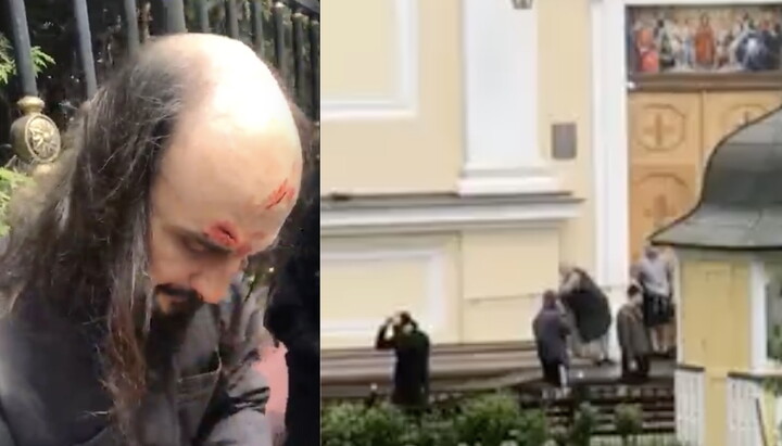 Избитый священник УПЦ и группа рейдеров, находящихся на территории собора