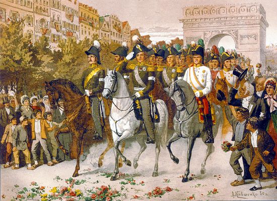 Въезд императора Александра I с союзниками в Париж 1814 г. Хромолитография. По акварельным рисункам художника А.Д. Кившенко