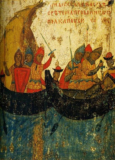 Убийство Глеба в ладье. Клеймо иконы из Борисоглебской церкви в Запрудах в Коломне. Конец XIV века