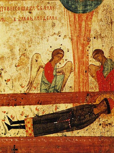 Тело Глеба, брошенное в степи между двумя колодами, огненный столп над ним и поклоняющиеся ангелы. Клеймо иконы из Борисоглебской церкви в Запрудах в Коломне. Конец XIV века