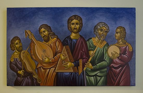 Христос и апостолы с музыкальными инструментами. Рисунок в Обществе традиционной византийской музыки