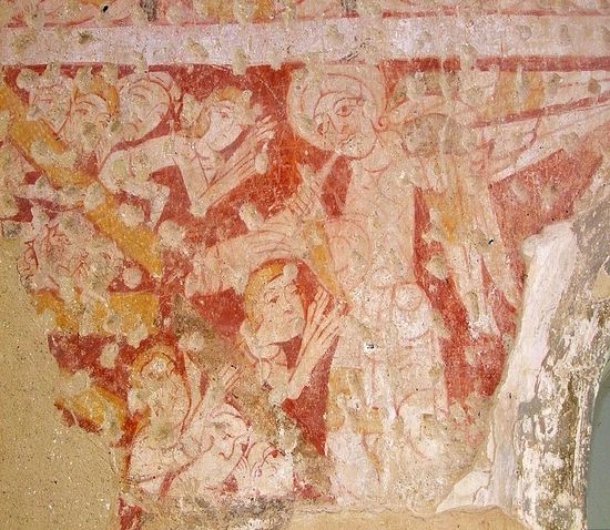 Ангел призывает мертвых восстать на Страшный Суд. Фреска храма Хоутон-он-Хилл (XI в.)